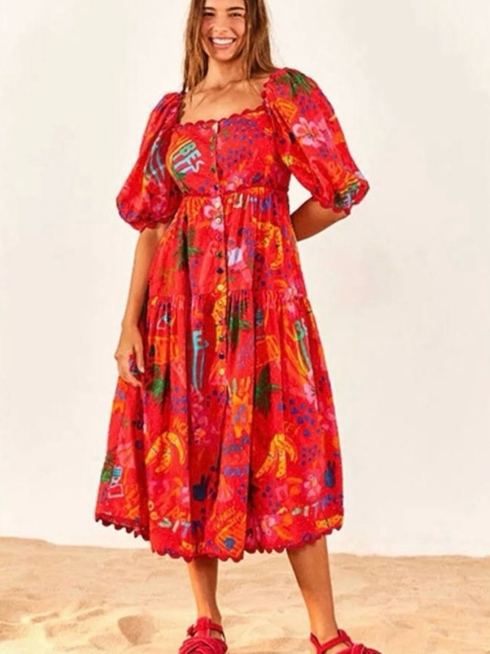 Farm Rio Good Vibes Red Midi Dress with Puff Sleeves